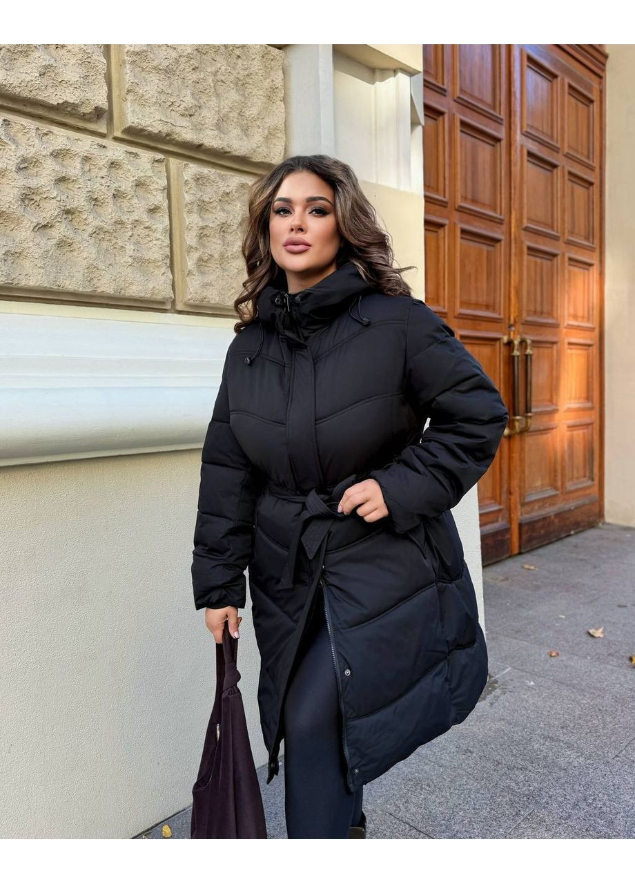 Черная зимняя куртка 8867 батал удлиненная поащивка, холофайбер, очень тепловая, с капюшоном и поясом Україна