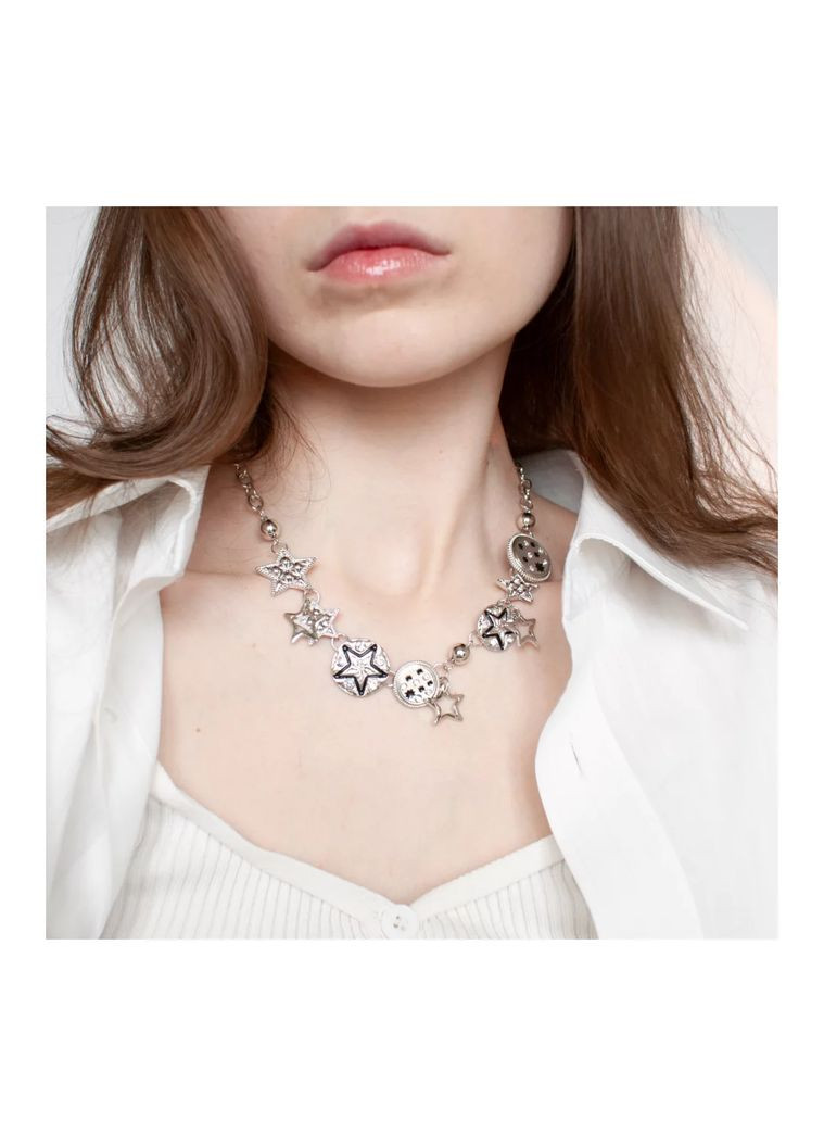 Серебристая цепочка с подвесками звезд пуговиц колье фэнтезийное сказочное гранж ожерелье корейский стиль эстетическая цепь y2k No Brand (317565463)