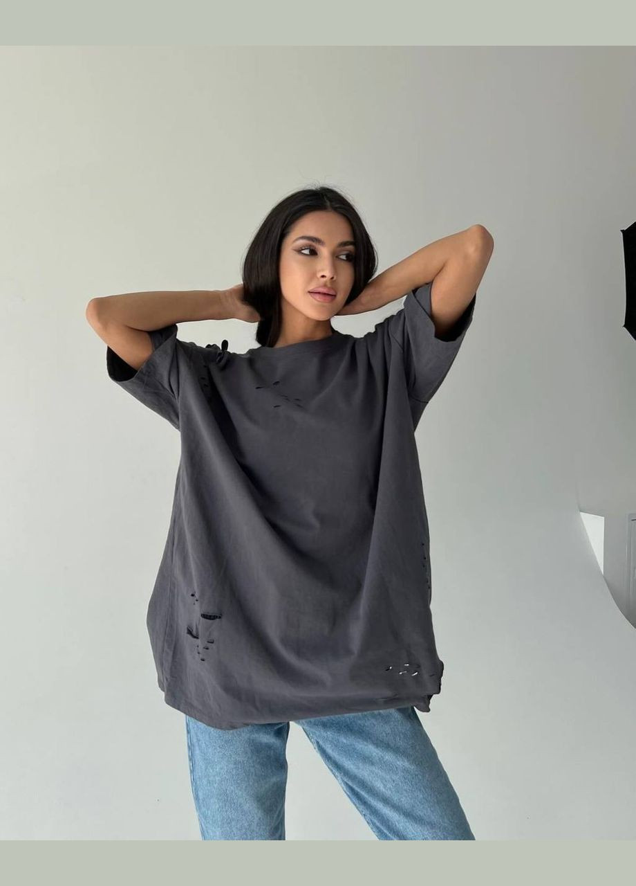 Базова графітова подовжена оверсайз футболка з прорізами з турецького куліру No Brand 020-3 - (332980046)