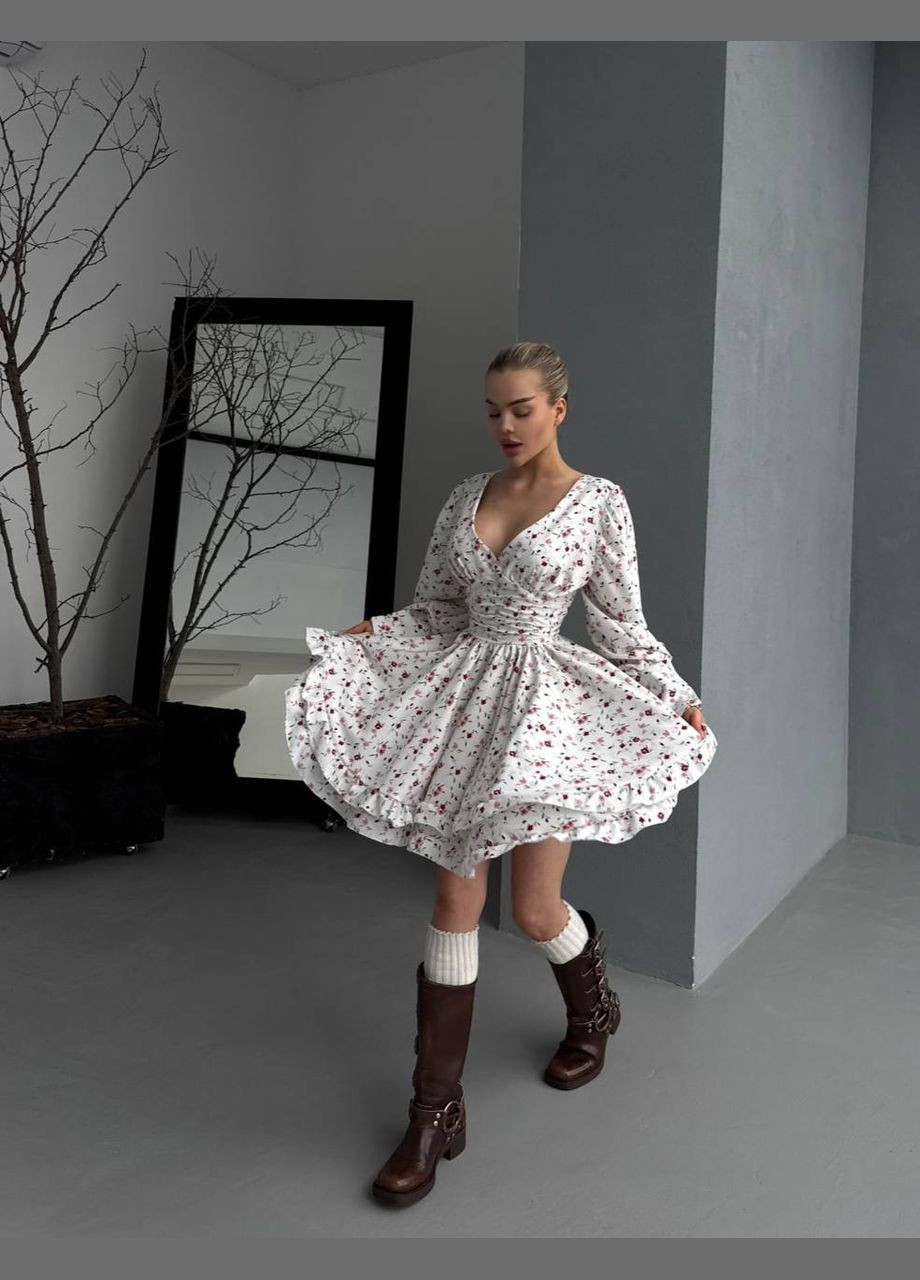 Білий повсякденний, кежуал, коктейльна, вечірня жіноча сукня з спідницею-сонце FINO Mode з квітковим принтом