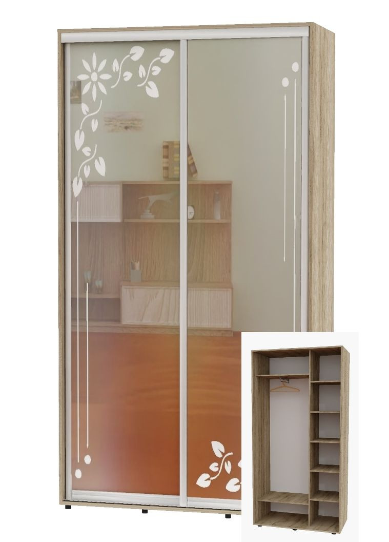 Шафа-купе дводверна 100*45*220 Дуб крафт сірий Дзеркало з піскострумним малюнком Алекса (360474877)