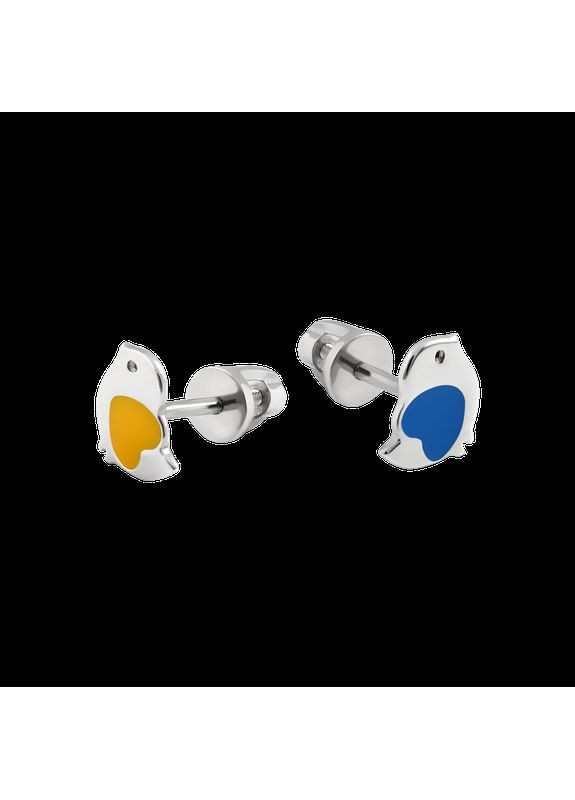 Серьги серебряные пусеты Птички с голубым и желтым сердечком с эмалью Каштан (342334965)