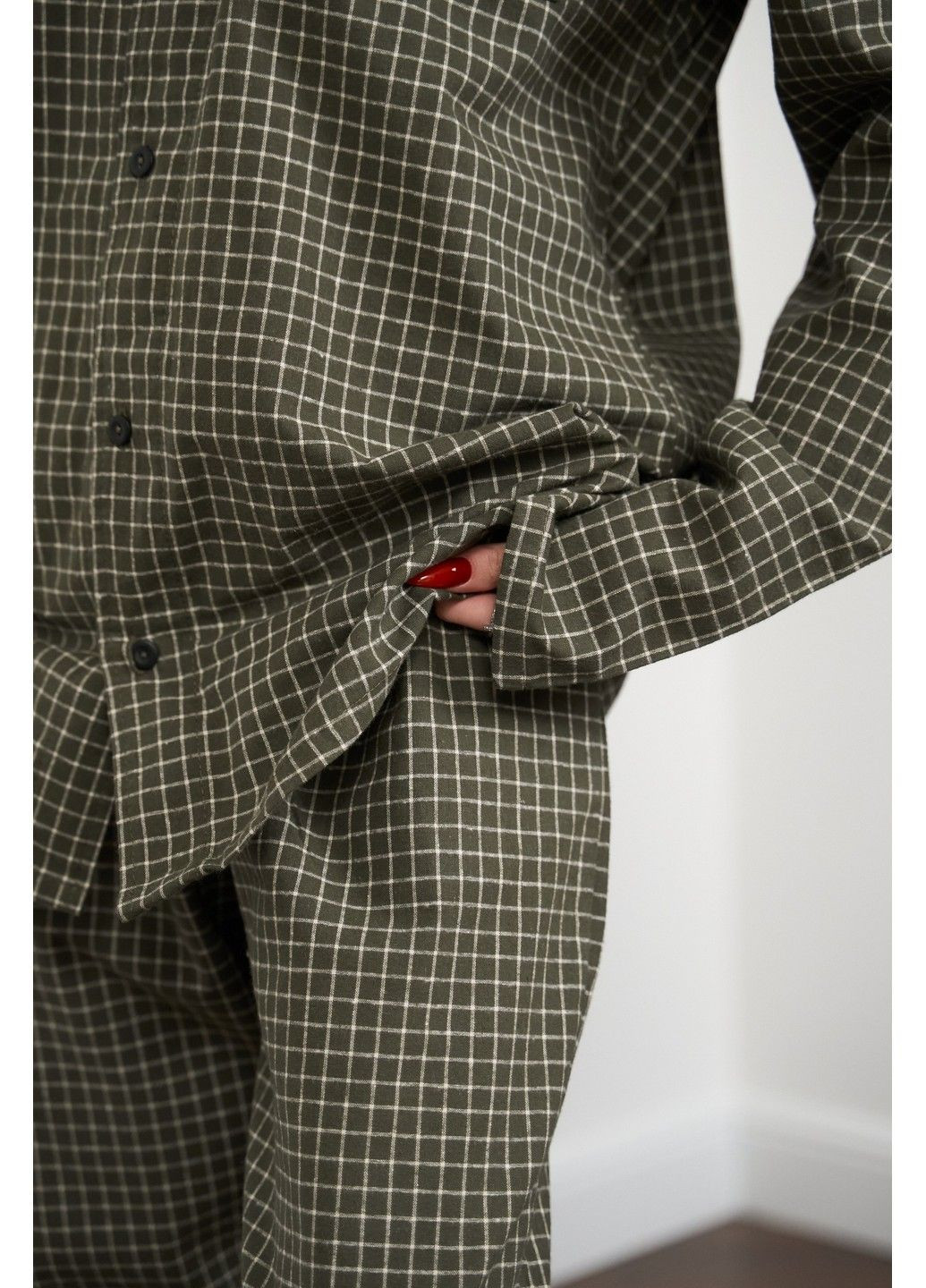 Оливкова піжама жіноча в клітинку фланель soft оливка сорочка + брюки Handy Wear