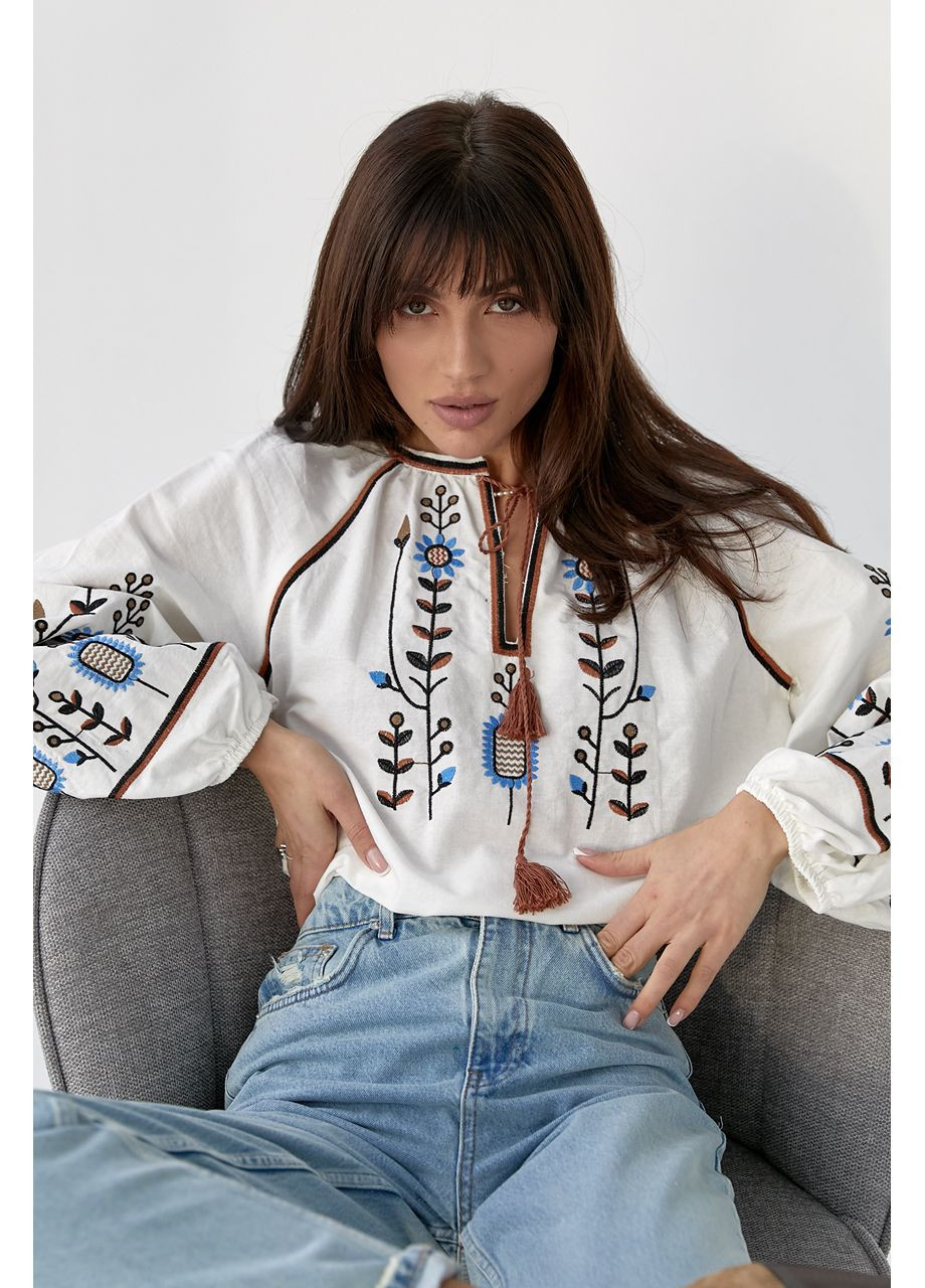 Біла жіноча вишиванка з пишними рукавами на резинці ESQ бавовна (351854759)