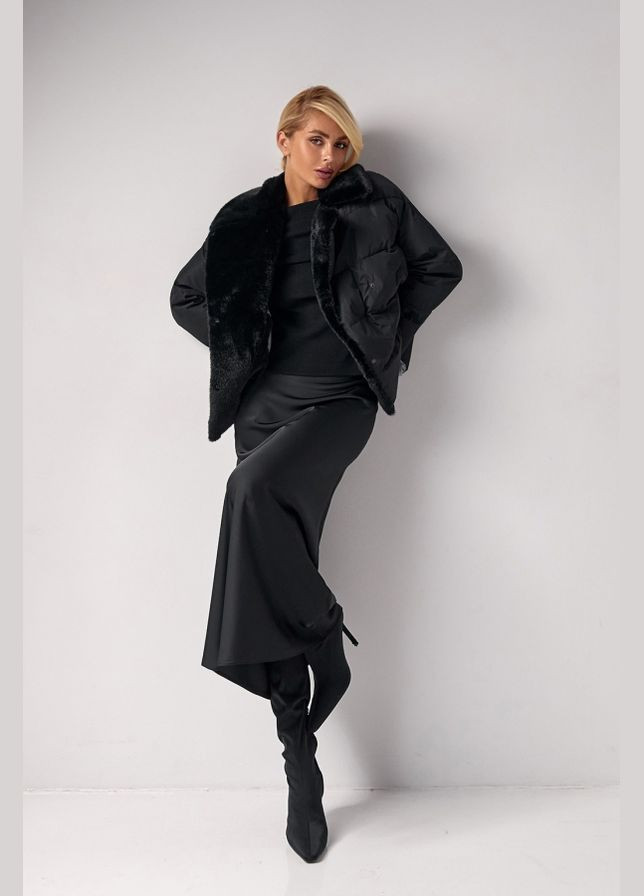 Чорна зимня жіноча зимова куртка з хутром та еко-пухом (3676) Triko Bakh