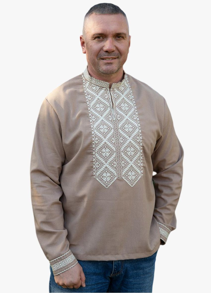 Кофейная льняная мужская вышиванка орнамент кофейный Україна лен (322641020)