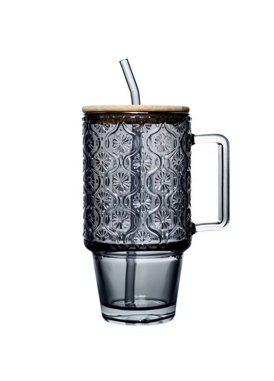 Чашка скляна NIKA 750 мл з кришкою та трубочкою, димчастий HP-19-50N No Brand (371373014)