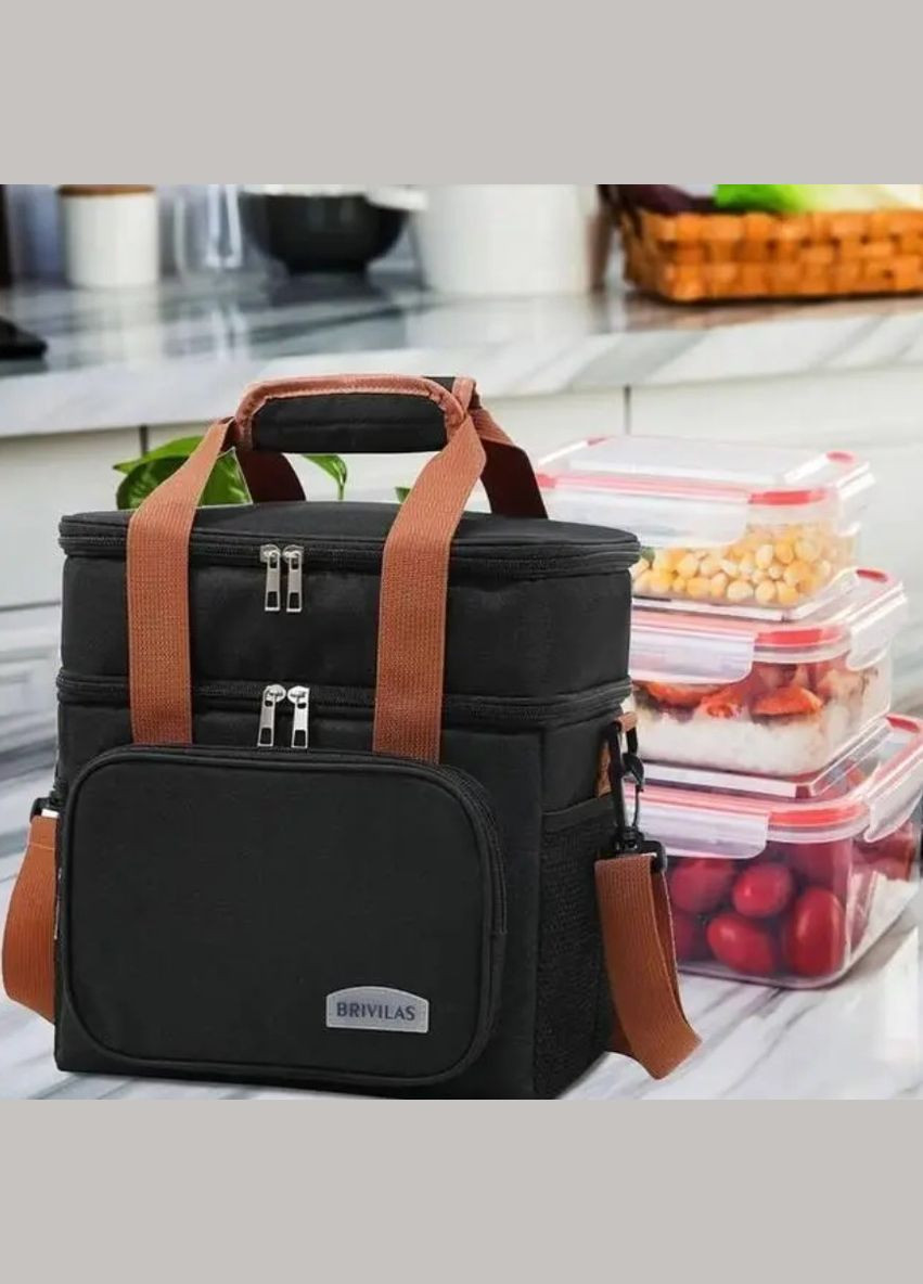 Сумка-холодильник маленька 26х25х18 см на 12 л термосумка на 2 відділення із ручкою через плече Чорна No Brand (329902262)