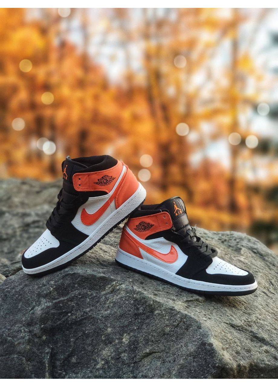 Чорні Осінні кросівки чоловічі nike air jordan 1 white black orange найк аір джордан No Brand