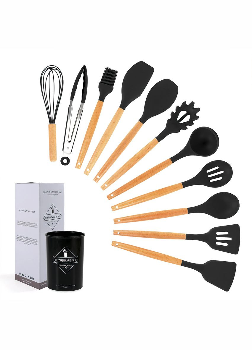 Набор кухонных принадлежностей из силикона и дерева с подставкой Kitchen Set 12 предметов Черный (HA-50) No Brand (334011310)