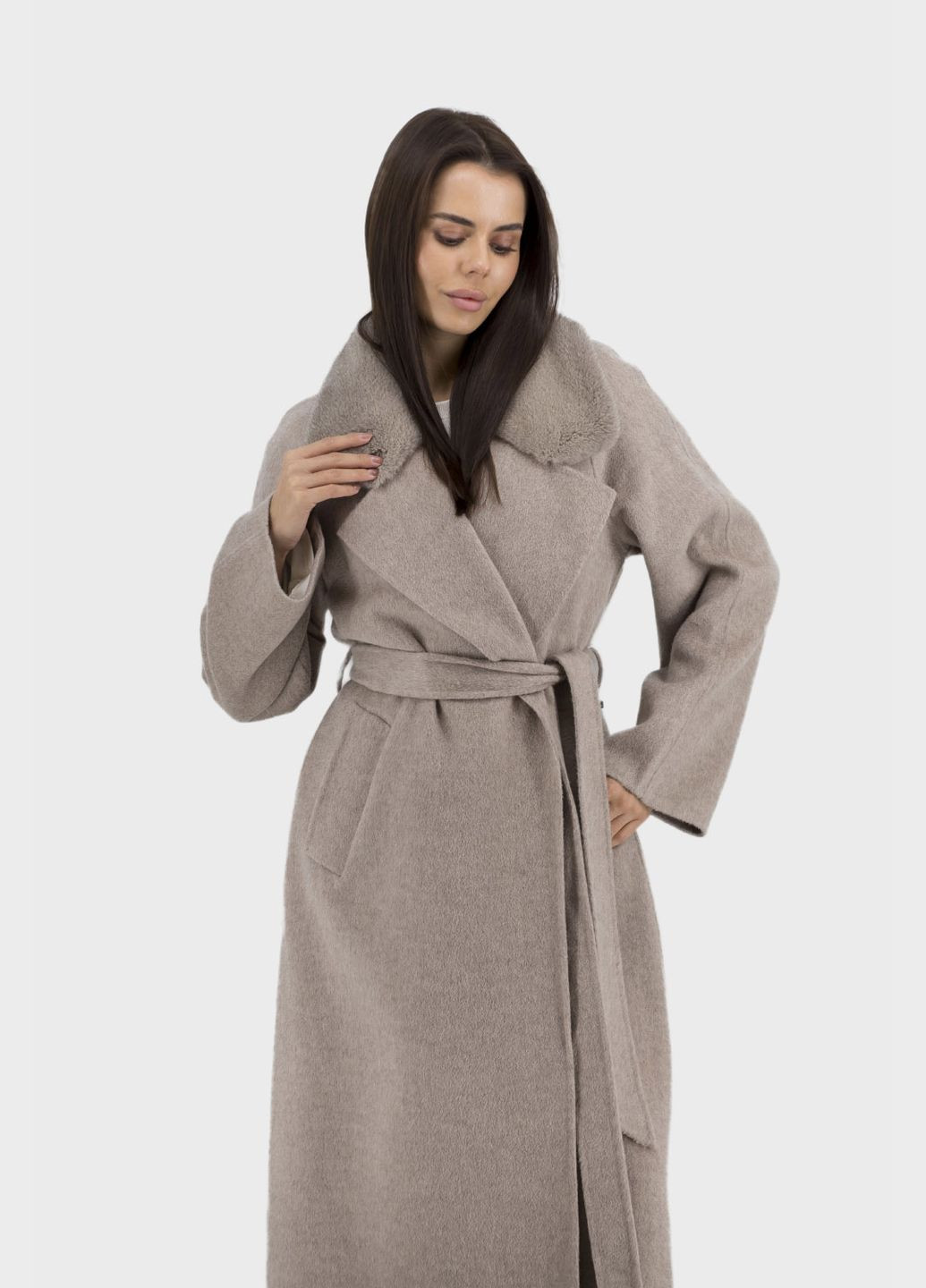 Бежеве демісезонне Довге жіноче вовняне пальто з кашеміром і норковим хутром, силует на запах, класичний стиль Bella Bicchi (світлосірий, ), 46764 No Brand