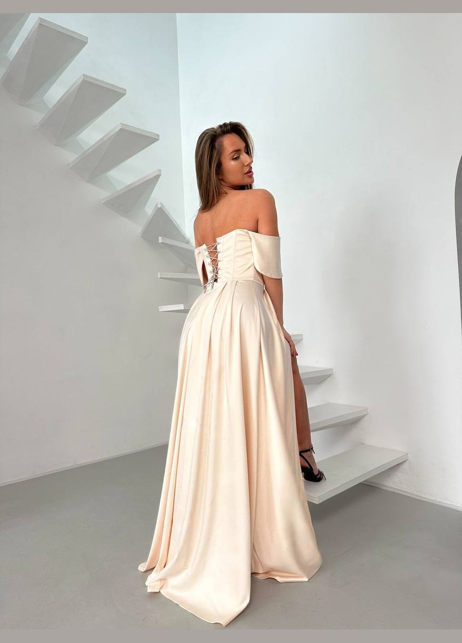 Бежевое праздничный, коктейльное, вечернее вечернее корсетное платье с юбкой-солнце, с открытыми плечами, с пышной юбкой, с корсетом Україна