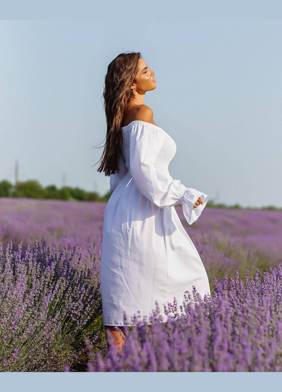 Білий повсякденний сукня міді з льону з відкритими рукавами а-силует MonCher