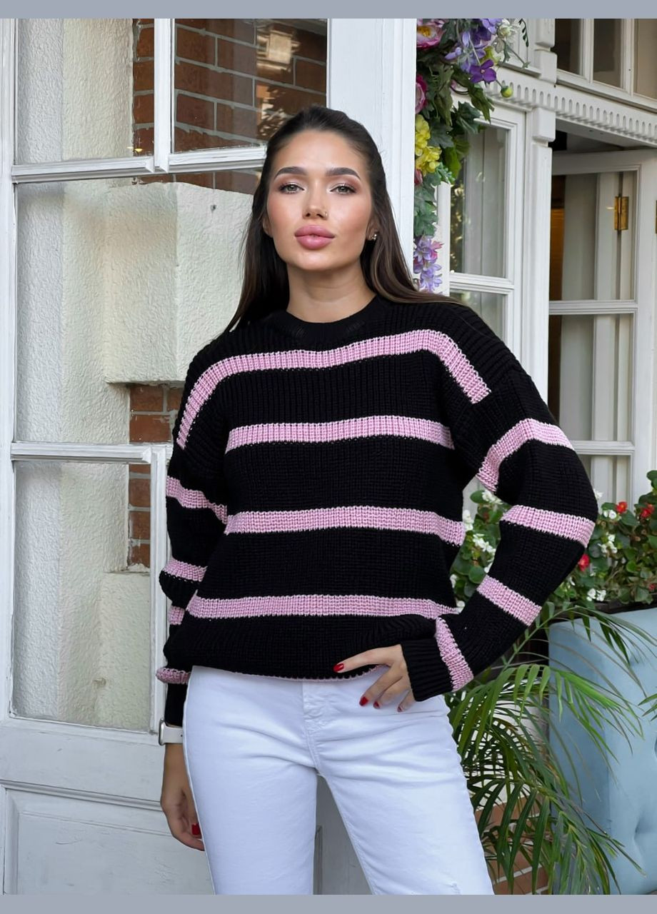 Черный демисезонный вязаный женский свитер в полоску Fashion