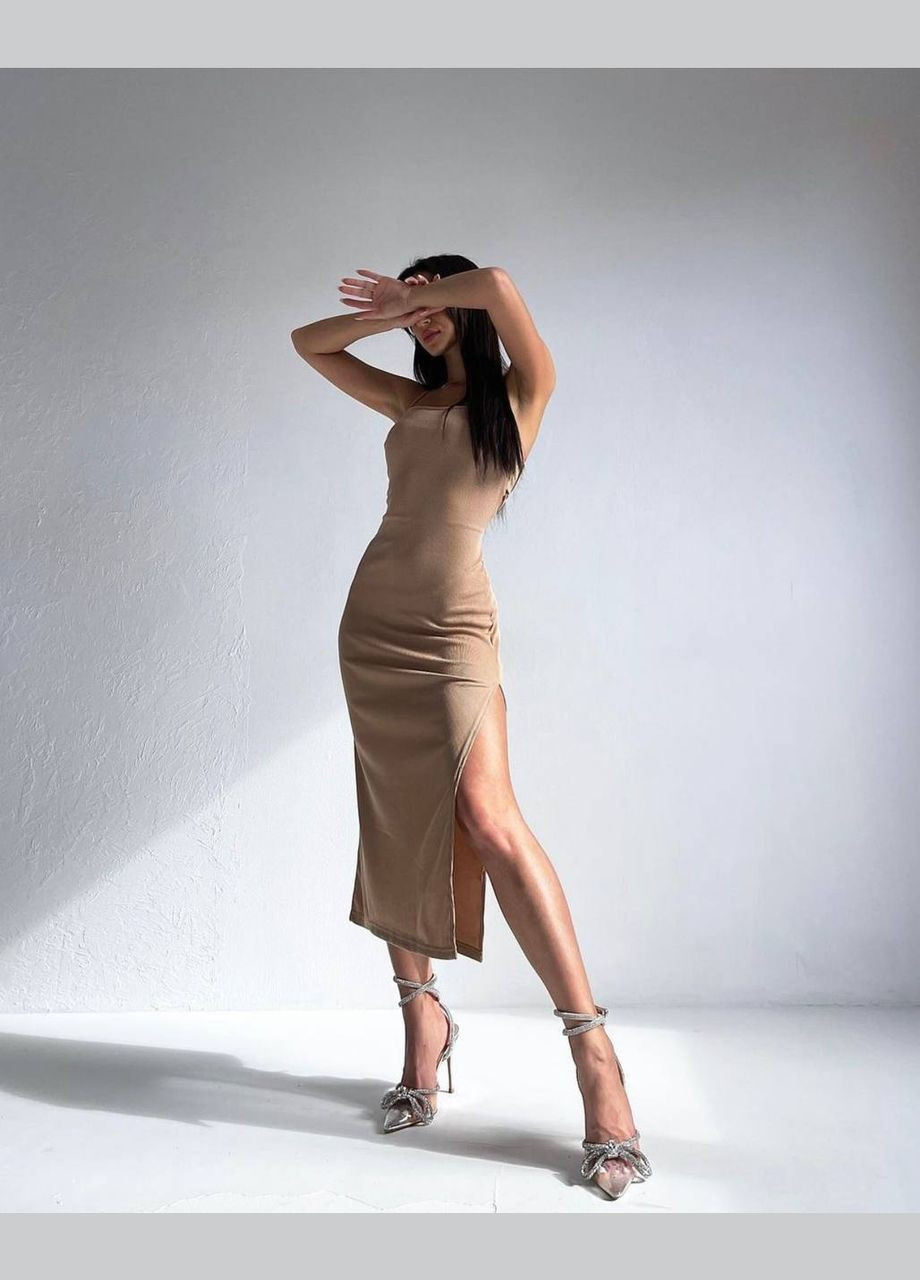 Бузкова шикарна бежева літня сукня з відкритою спиною, сукня без рукава з відкритим декольте No Brand однотонна