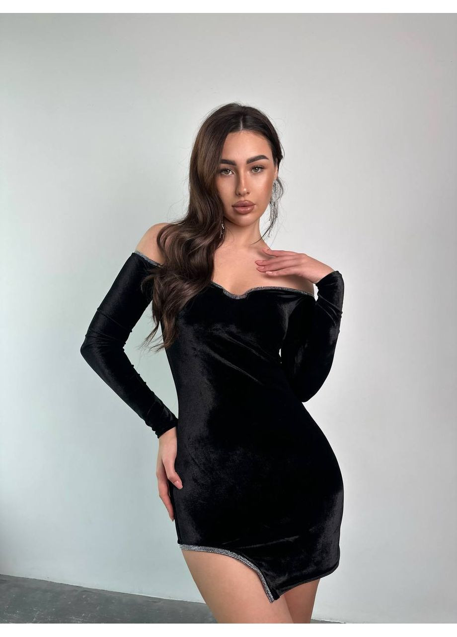 Чорна святковий приталена сукня з королівського оксамиту з декором зі стразів — заміри в описі з відкритими плечима GD/GL Модний простір однотонна