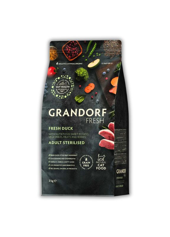 Сухой корм для кошек Fresh Утка с бататом для взрослых стерилизованных и кастрированных кошек всех пород 2 кг Grandorf (350351404)