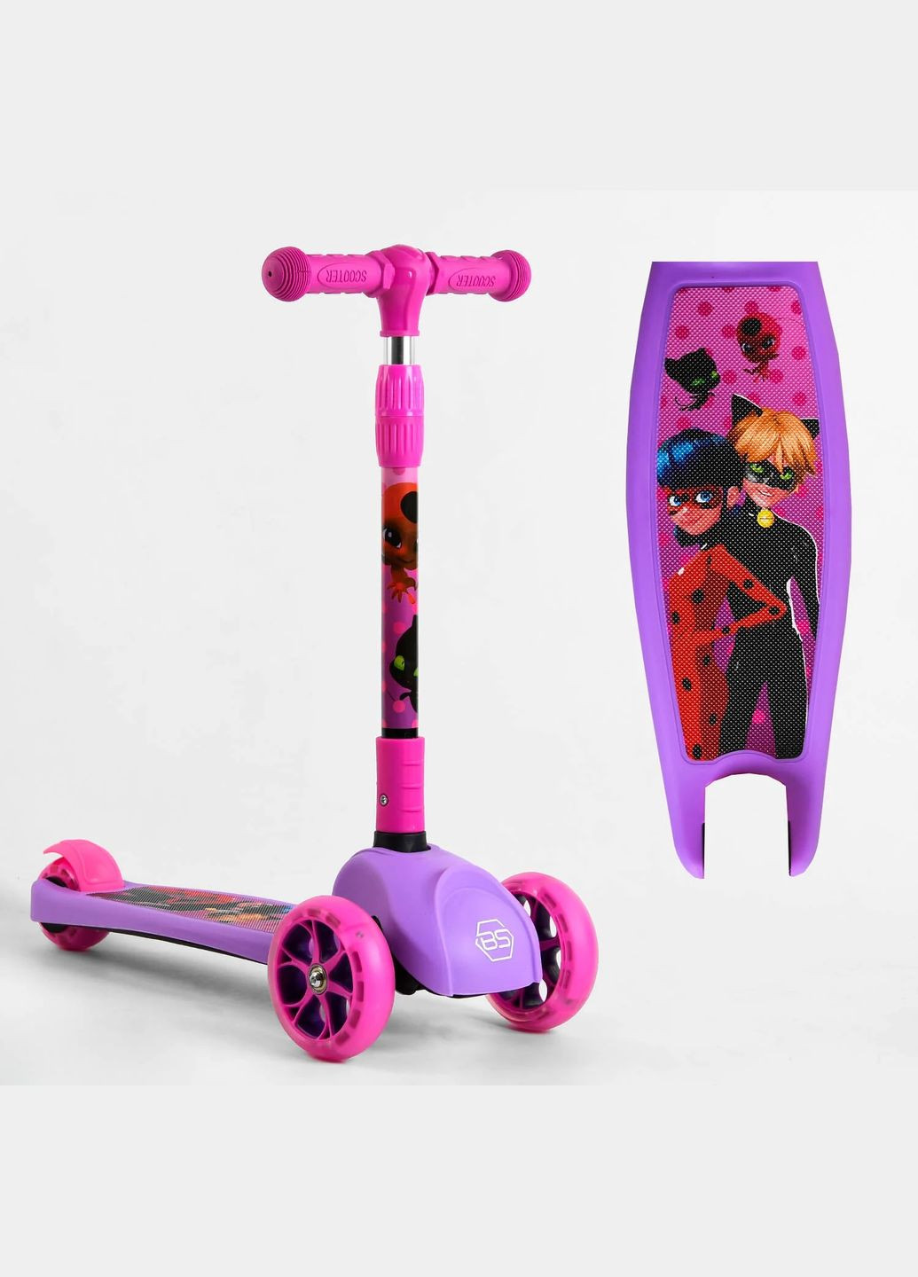 Детский самокат 80277. Подсветка колёс и диска, складной руль,3 PU колеса. Розовый Best Scooter (282954623)