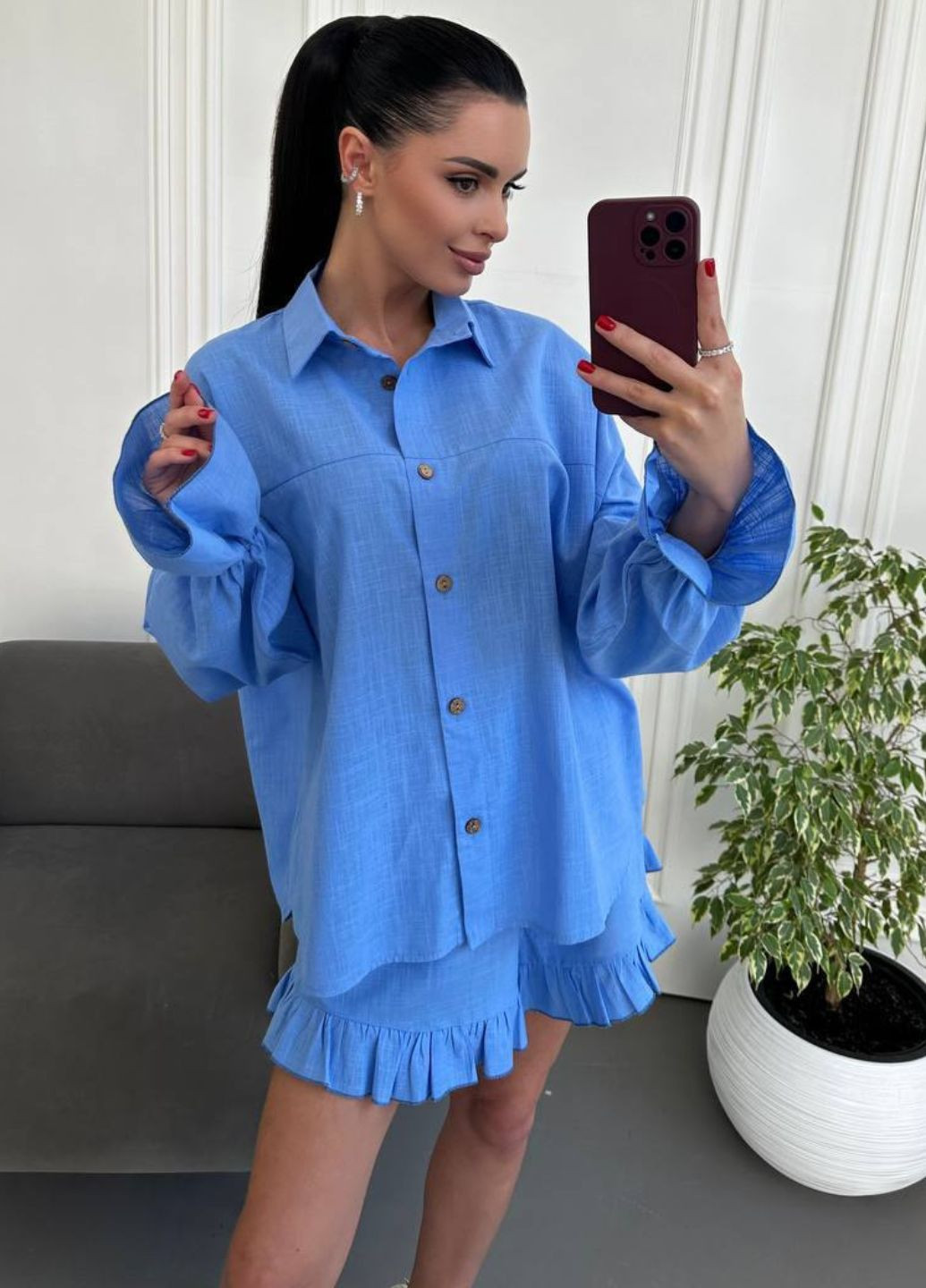 Женский льняной костюм с рубашкой с воланами и шортами с рюшами. Tik-Tak (340334651)