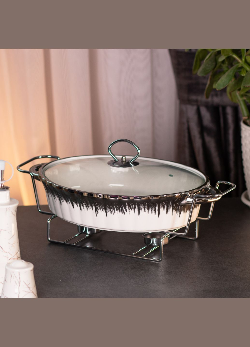 Мармітниця керамічна овальна 2 л зі скляною кришкою, хром Yiwu (323641358)