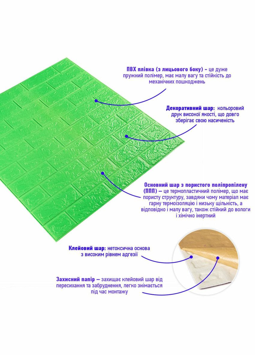 3D панель самоклеюча цегла Зелена 700х770х3мм (013-3) SW-00000639 Sticker Wall (300372581)