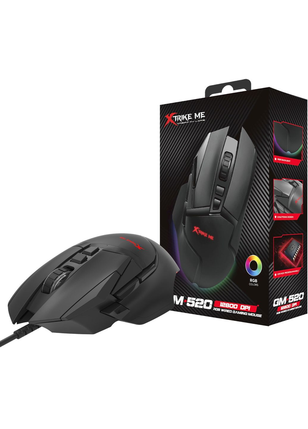 Мишка GM-520, ігрова 12800dpi., 9кн., RGB, високий профіль, чорна XTRIKE ME (314778788)