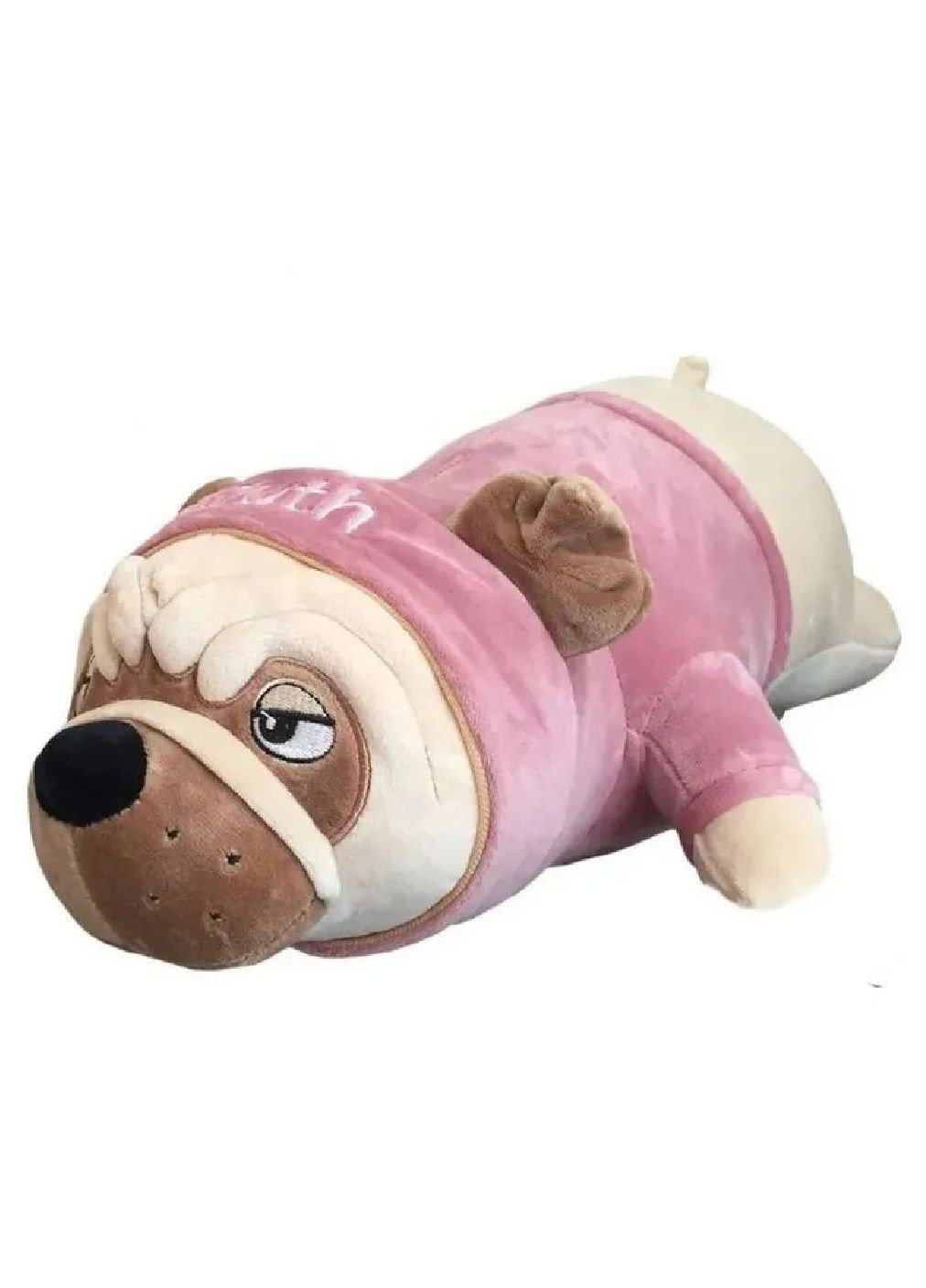 М'яка іграшка обіймашка подушка антистрес довга плюшева собака мопс в одязі 92 см (476525-Prob) З рожевою кофтою Unbranded (283608287)