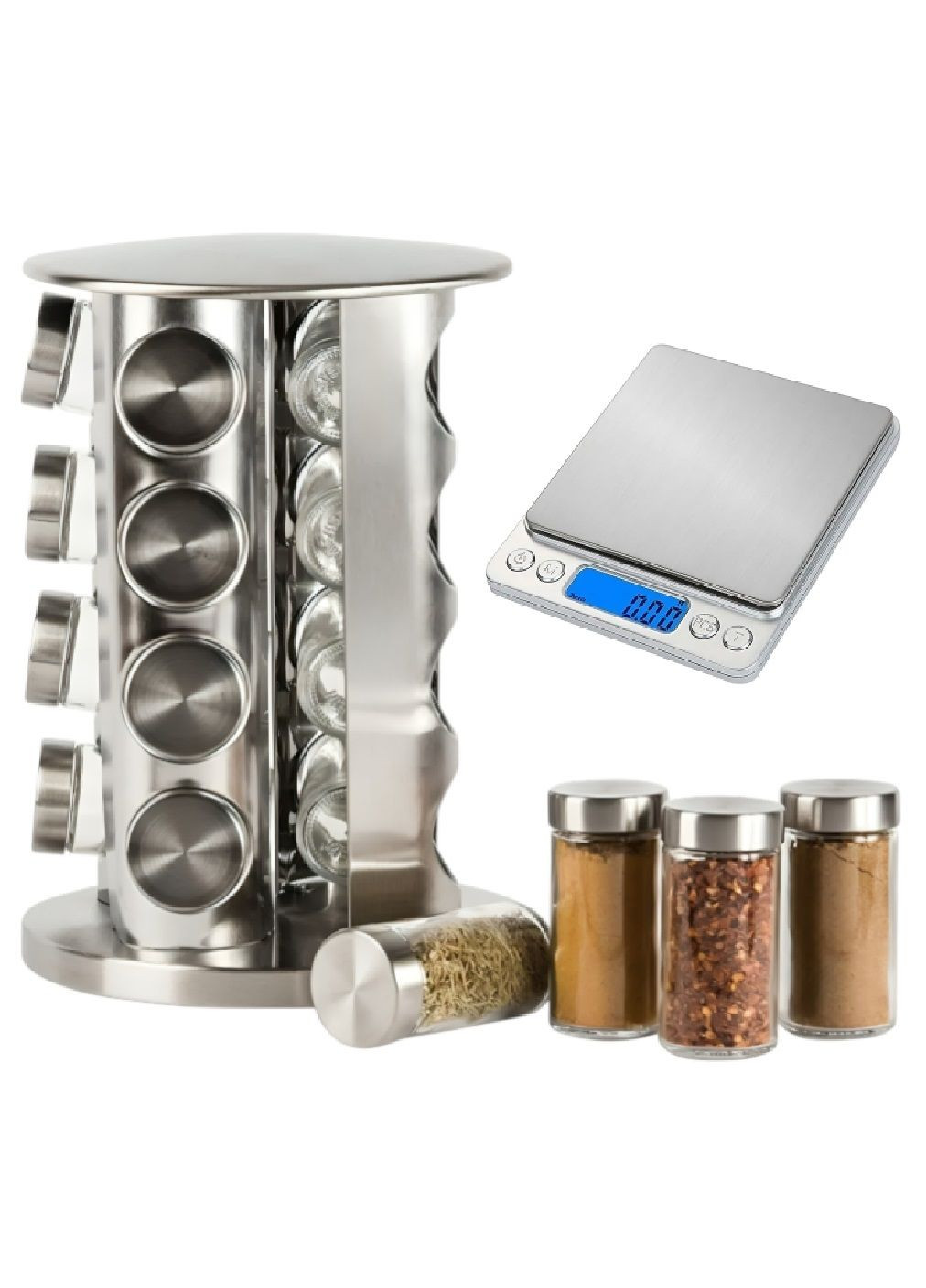 Комплект баночок для зберігання спецій приправ на поворотній підставці з грамовими вагами для спецій до 500 г (480904-Prob) Unbranded (347494921)