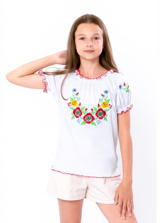 Белая вышиванка для девочки с коротким рукавом (p-11555) Носи своє узор цветочный (302653660)