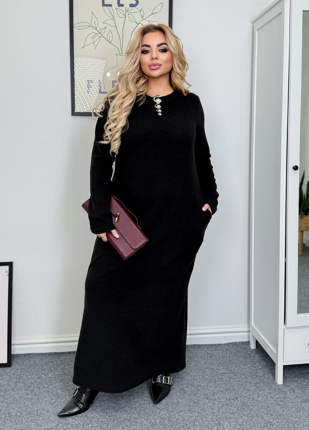 Чорна повсякденний, кежуал сукня максі з довгими рукавами демісезонна з ангори в рубчик оверсайз, а-силует No Brand однотонна