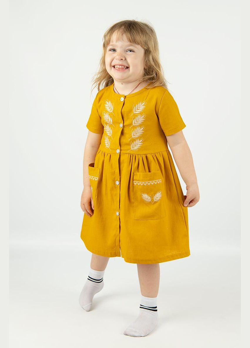 Гірчична дитяча лляна сукня для дівчинки з вишивкою «сонячний колосок» No Brand (326519742)