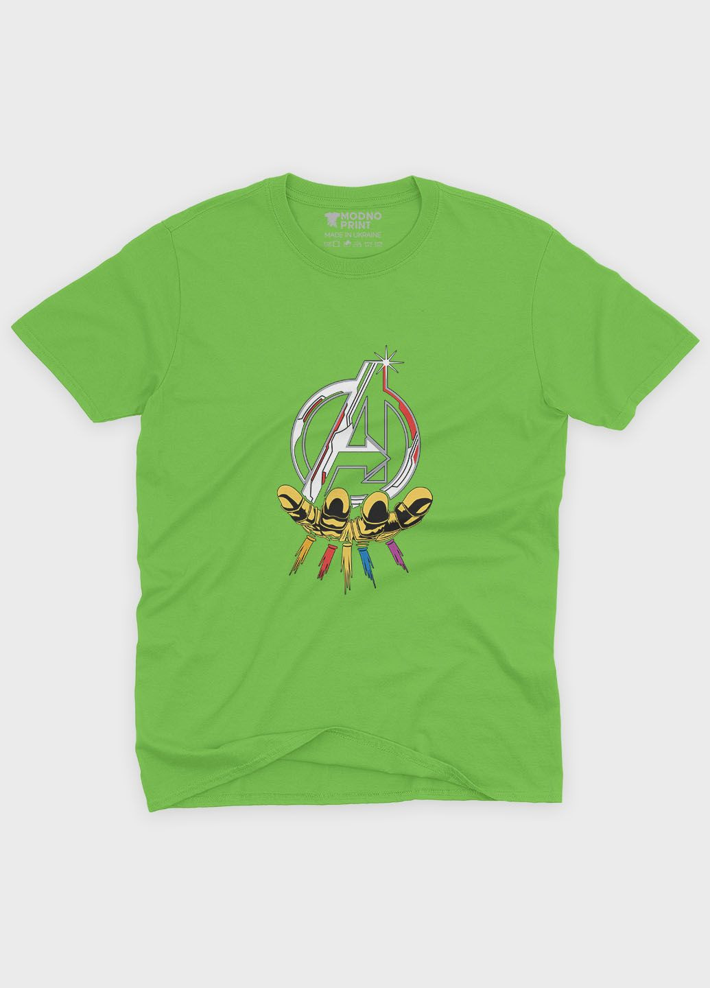 Салатова демісезонна футболка для хлопчика з принтом супергероями - месники (ts001-1-kiw-006-025-010-b) Modno