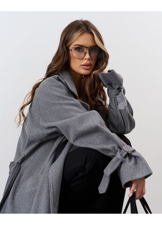 Сіре демісезонне Кашемірове пальто з фактурою ялинки оверсайз ISSA PLUS