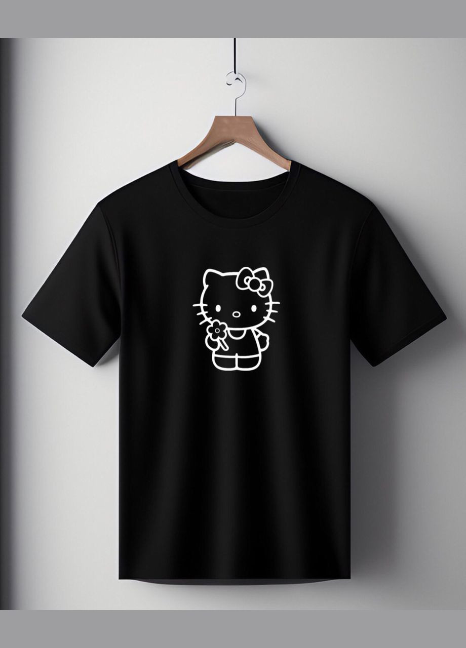 Футболка чорна оверсайз унісекс з принтом " Hello kitty з квіткою " Handmade (308244967)