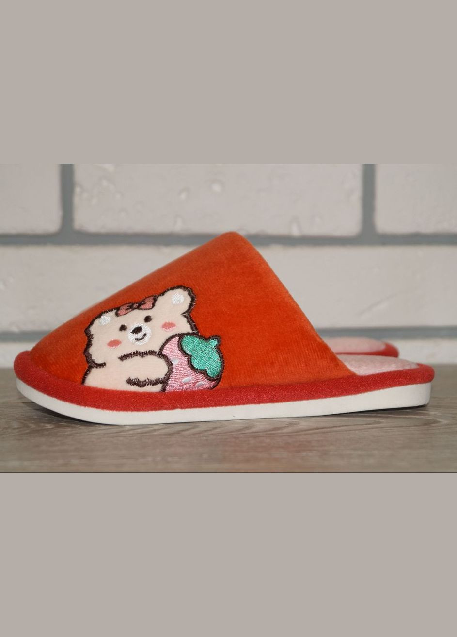Коралловые тапочки для девочки с милым мишкой No Brand с аппликацией, с белой подошвой