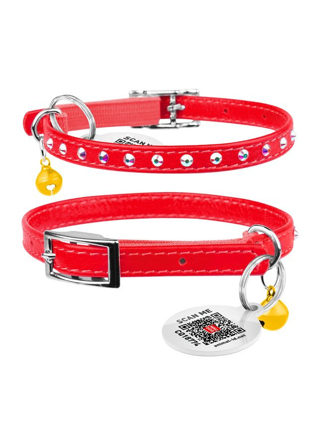 Ошейник Glamour с резинкой, клеевыми стразами, для кошек (ширина 9мм, длина 22-30см) красный WAUDOG (322001343)