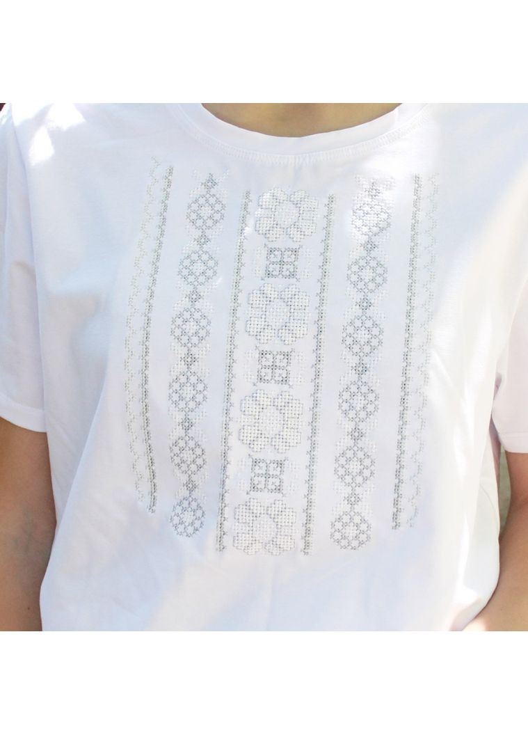 Белая эффектная женская футболка-вышиванка, белая хлопковая футболка вышиванка белая с вышивкой женская, 54 хлопок (301034101)