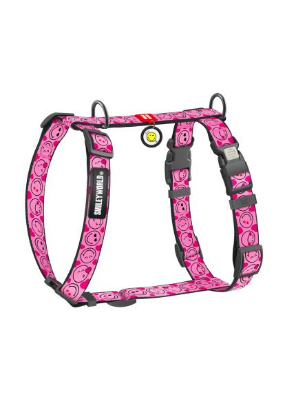 Шлей для собак Nylon анатомическая H-образная с QR-паспортом "Смайлики на розовом" пластиковый фастекс, L (345-0187) WAUDOG Nylon анатомічна H-подібна з QR-паспортом &quot;Смайли (366692749)