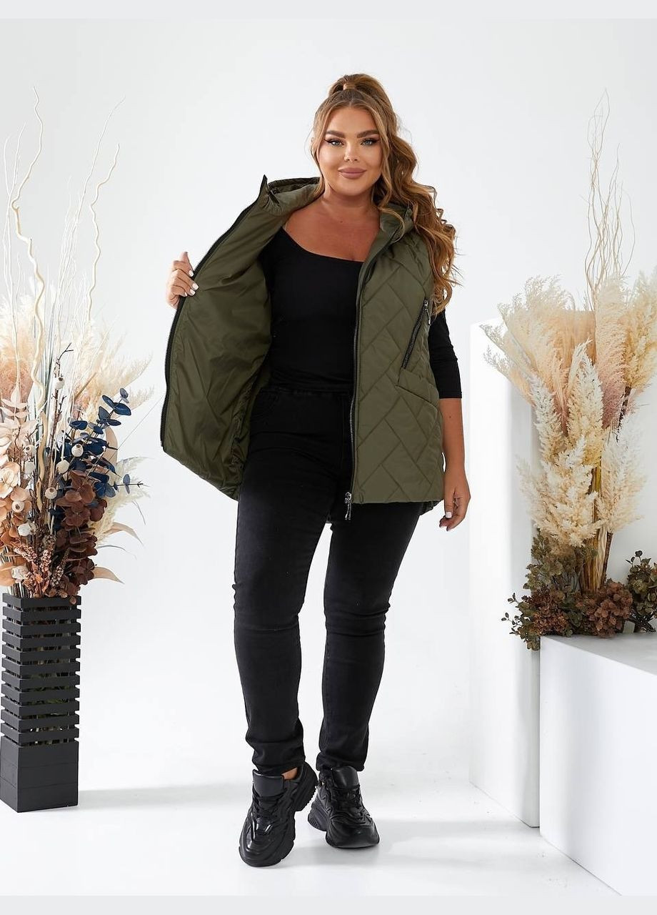 Жіноча хакі жилетка батал для великих розмірів тепла з капюшоном середня довжина на блискавці Viki Жилет (316035133)