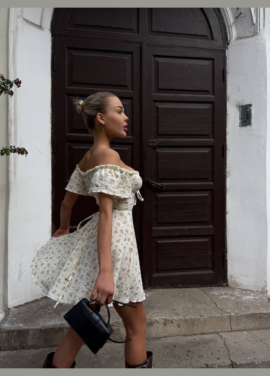 Кремова святковий, коктейльна, повсякденний, відвертий, вечірня муслінова сукня міні Україна з квітковим принтом