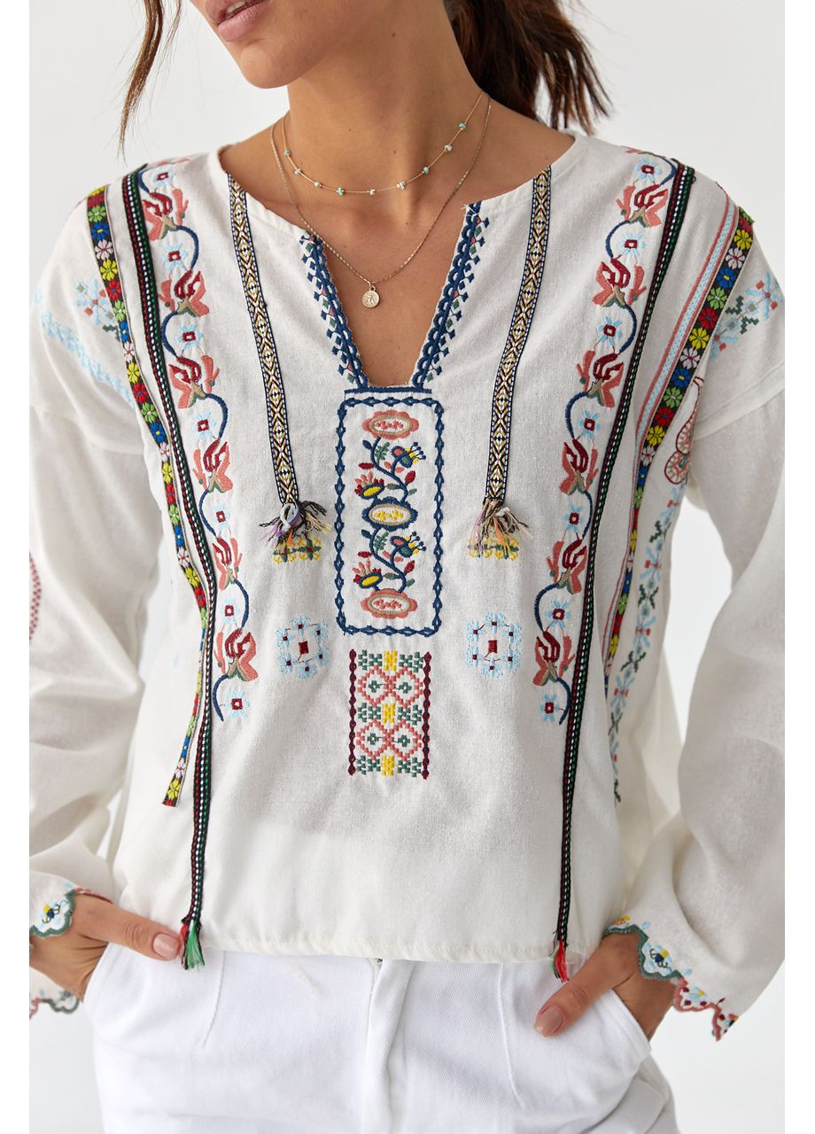 Молочная женская вышиванка с длинными рукавами. ESQ хлопок (354699914)
