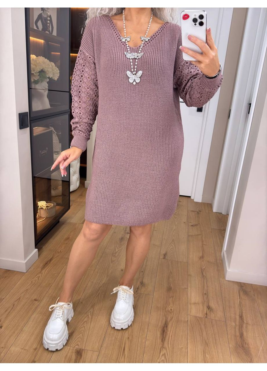Пудровое женское вязаное платье с ажурными рукавами 00400 No Brand