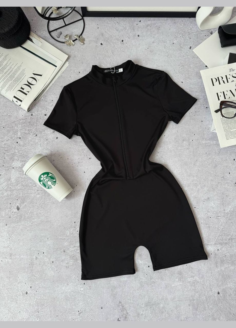 Женский комбинезон FINO Mode комбинезон-шорты чёрный спортивный, повседневный, кэжуал, вечерний дайвинг