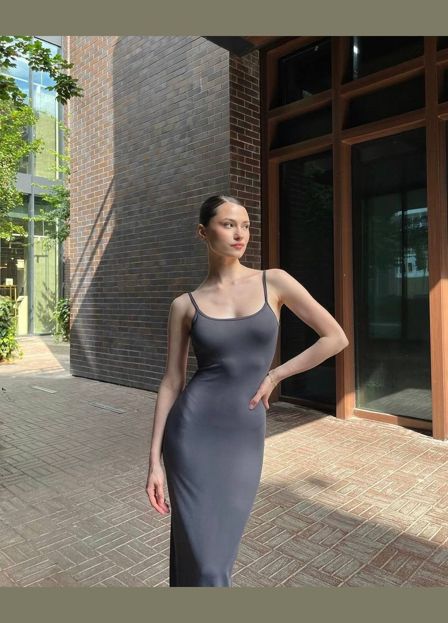 Графітова графітова приталена сукня-максі з натуральної віскози в універсальному розмірі 42-46, літня сукня з відкритим декольте No Brand