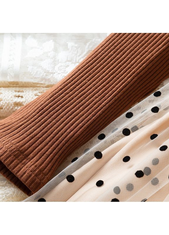 Коричнева сукня святкова дитяча емілія з довгим рукавом та пишною спідницею в горох коричневий з бежевим No Brand (369637060)