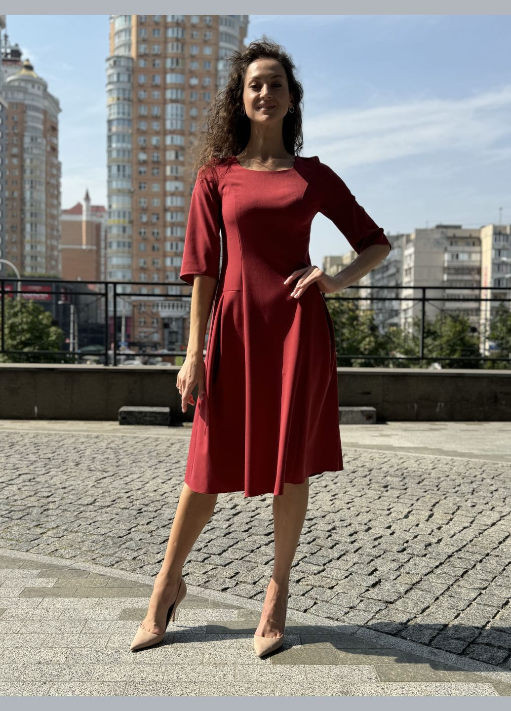 Світло-бордова ділова сукня з костюмної тканини з розкльошеною спідницею 5792 Cat Orange
