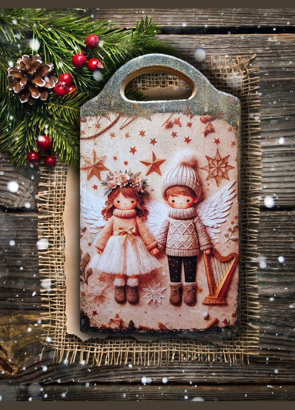 Вінтажна Обробна Дошка з Новорічними Янголами — Декор із Штучним Старінням Handmade (307924676)