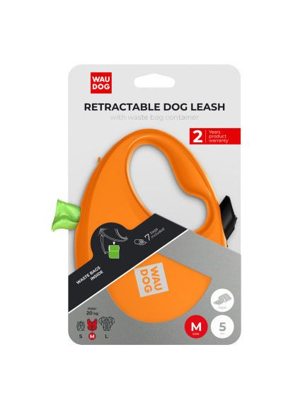 Повідок для собак R-leash з контейнером для пакетів M до 20 кг 5 м помаранчевий (26284) WAUDOG R-leash з контейнером для пакетів M до 20 кг 5 м п (366691068)