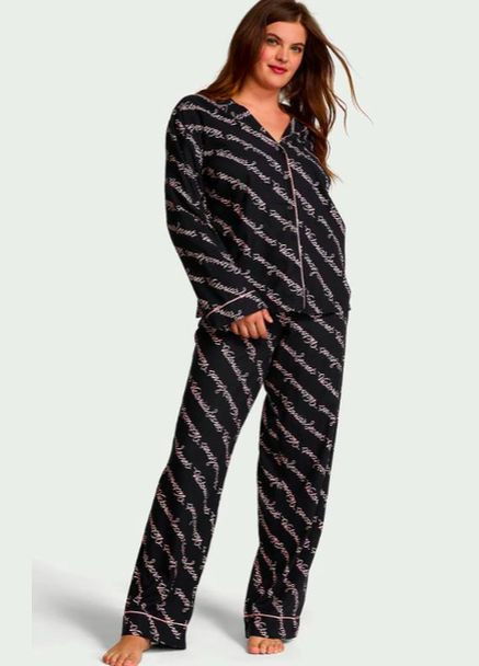 Чорна піжама фланель flannel long pajama set (сорочка+штани) рожеве лого Victoria's Secret