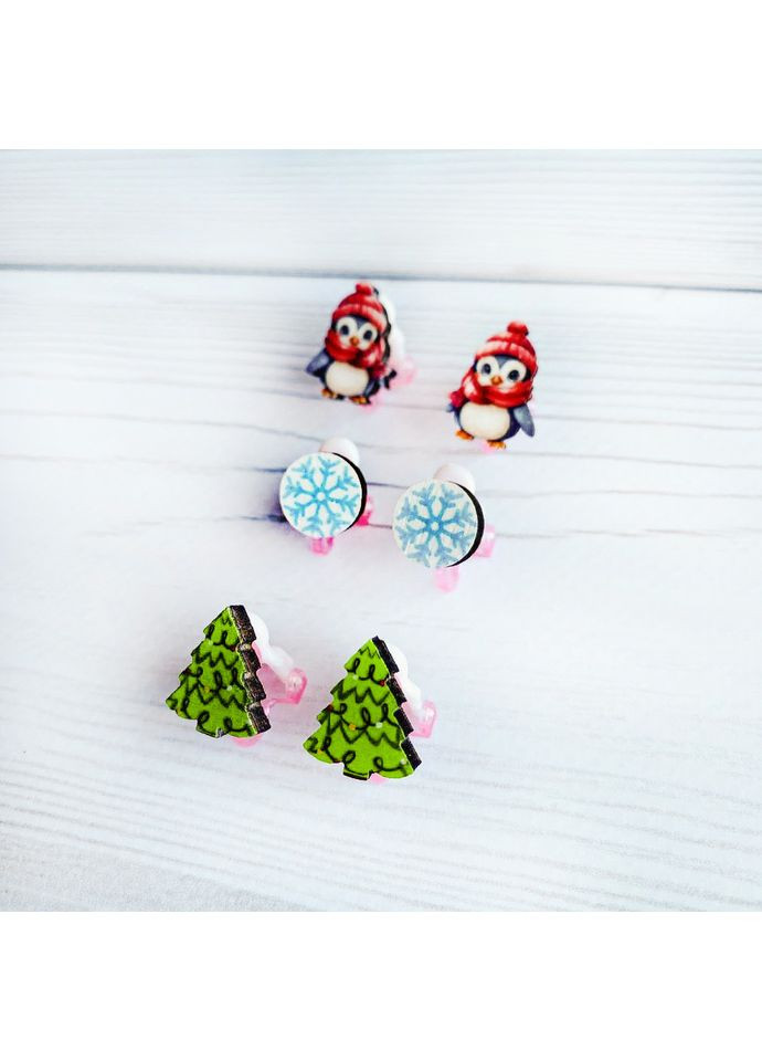 Комплект сережок кліпс Дитячий новорічний набір (пінгвін, сніжинка, ялинка) CASE CONTROL (355404623)